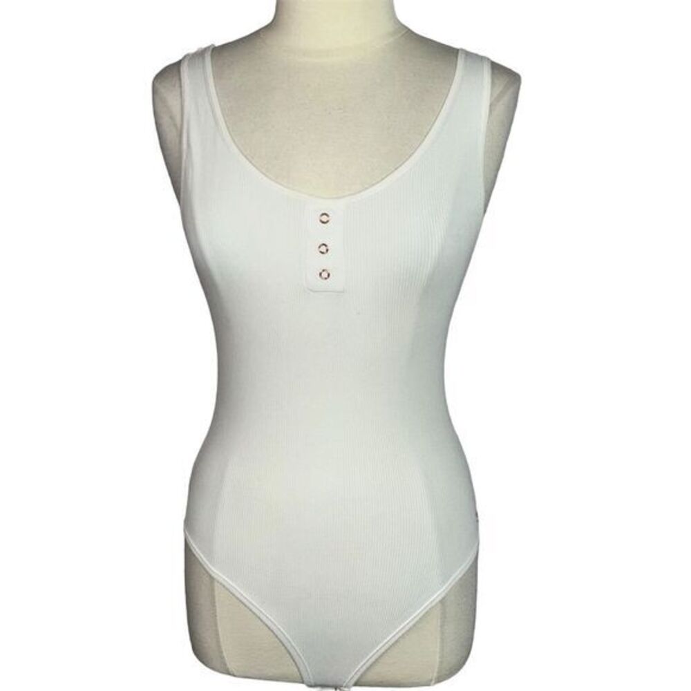 Danskin Intimates Women's White Ribbed Knit Tank Bodysuit with Rose Gold Detail